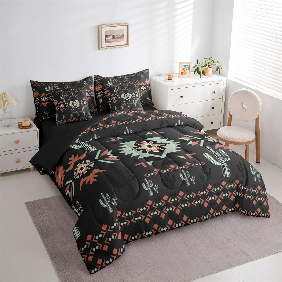 Feelyou Khaki Southwestern Aztec Comforter Set with Sheets 7 Piece Queen Size Geometric Vintage Bed in a Bag Kids Rustic Western Cactus Bohemian Boho Tribal Bedding Set Black Red Bedroom Decor
