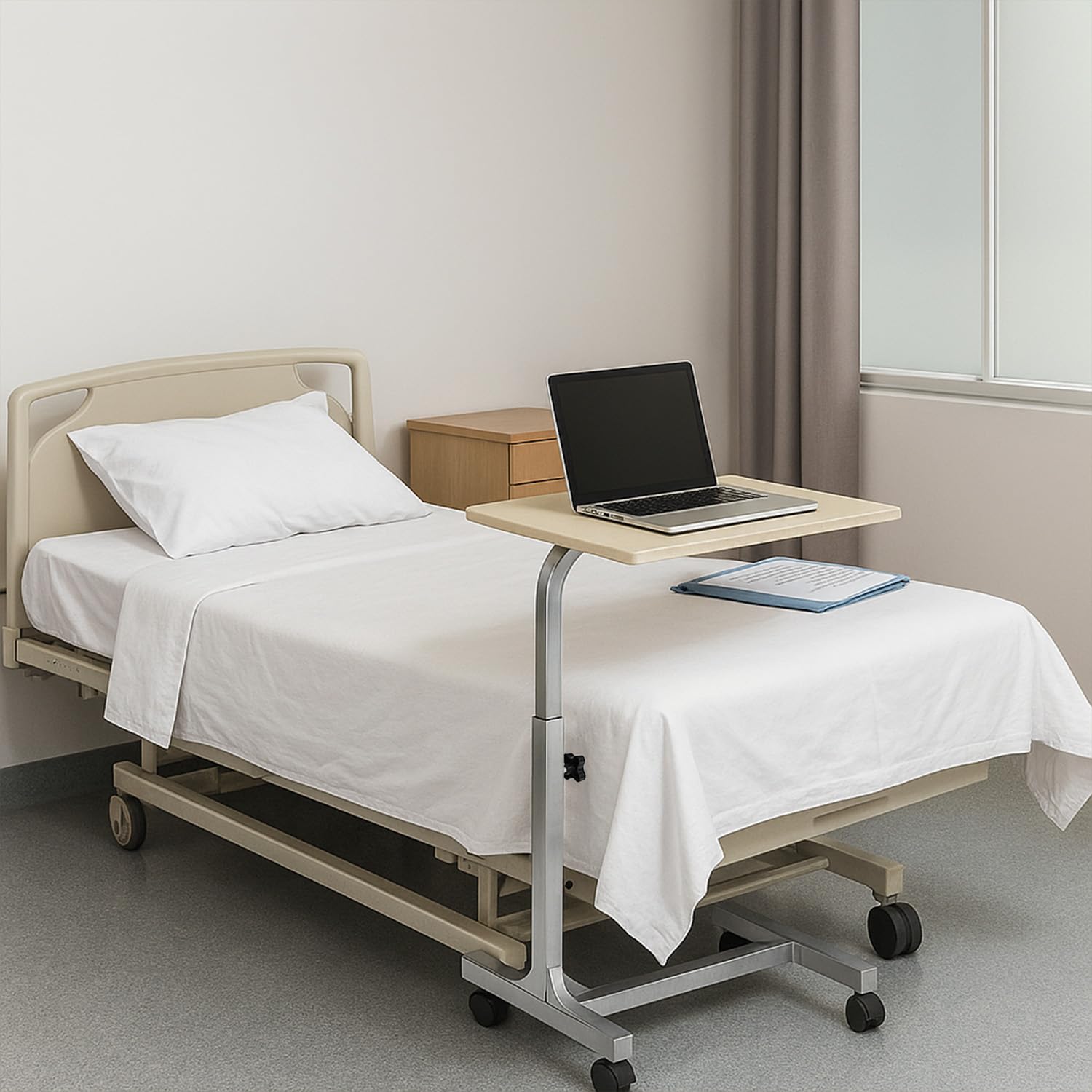 Table de Chevet Médicale à Hauteur Réglable pour les Hôpitaux et les Maisons avec Base Stable et Roulettes Verrouillables pour les Repas et les Médicaments des Patients Personnes Âgées