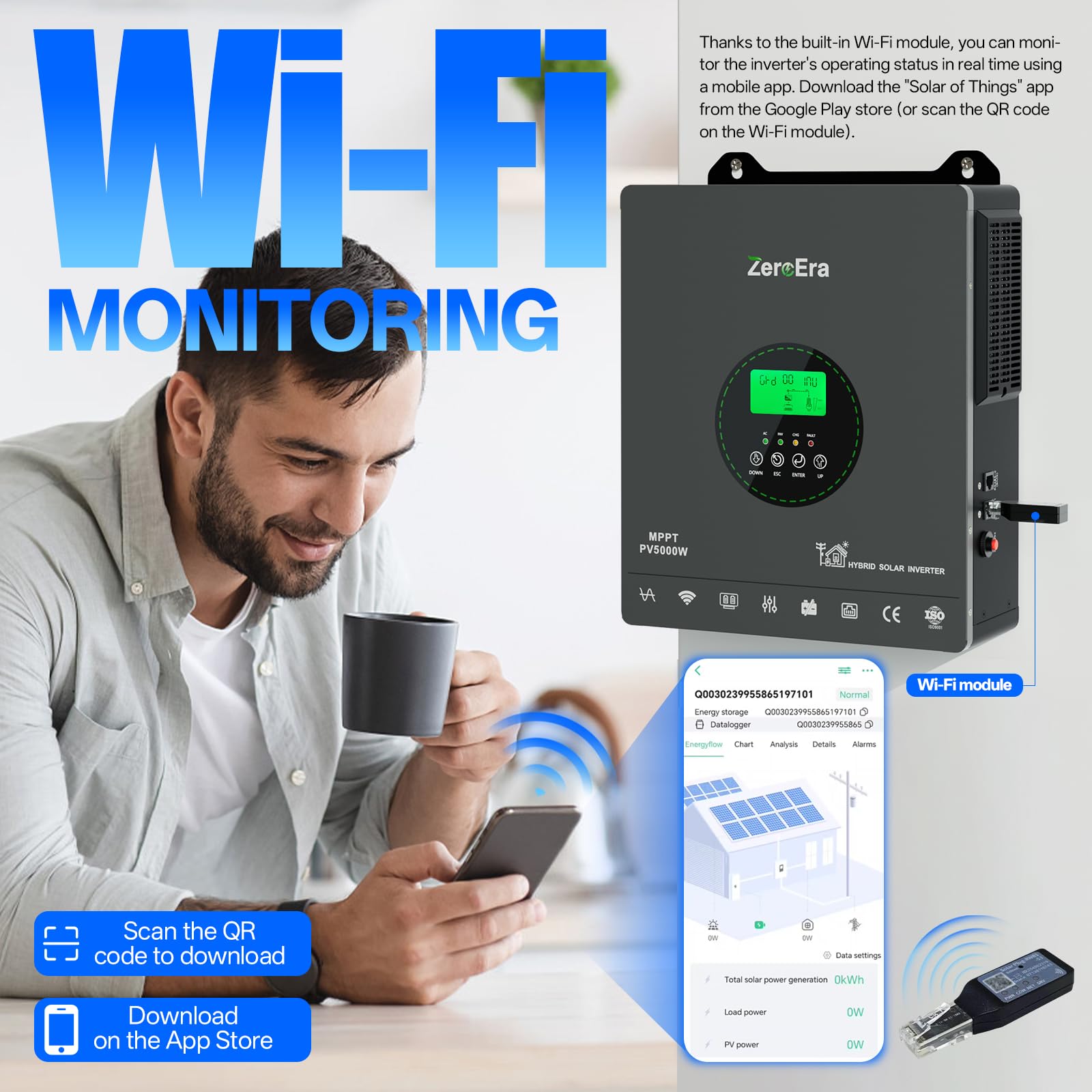 ZeroEra Inversor Híbrido 24V 3300W,Inversor Solar Híbrido Onda Sinusoidal Pura,24V CC a 220V/230V CA,WiFi,Controlador Carga MPPT,Protección BMS,Funcionamiento Batería (24V 3300W WiFi)