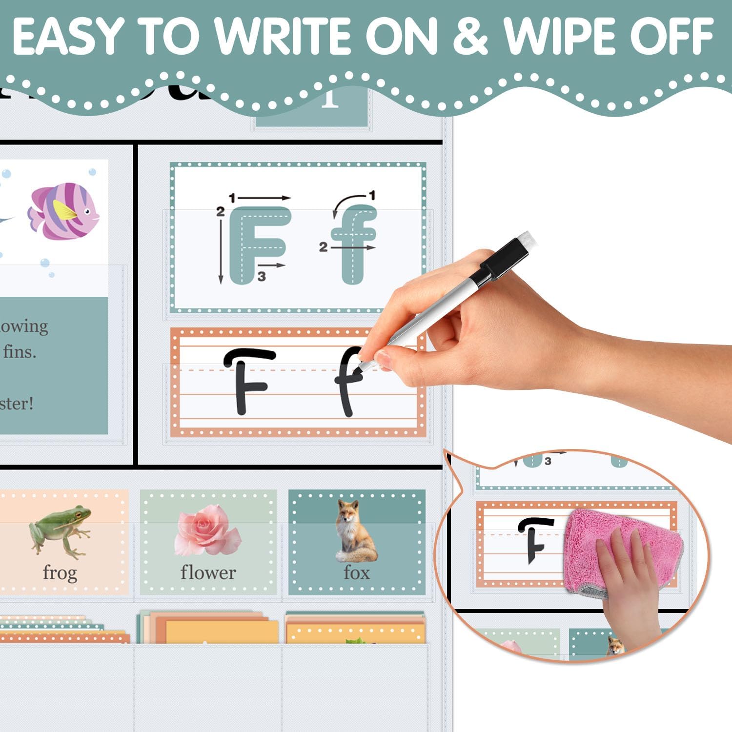 All About Letters Pocket Chart with 99 ABC Flash Cards, Letter of The Day/Week Daypocket Chart, Letter Tracing Learning Educational Wall Chart Preschool Classroom Homes, 34" X 27"White