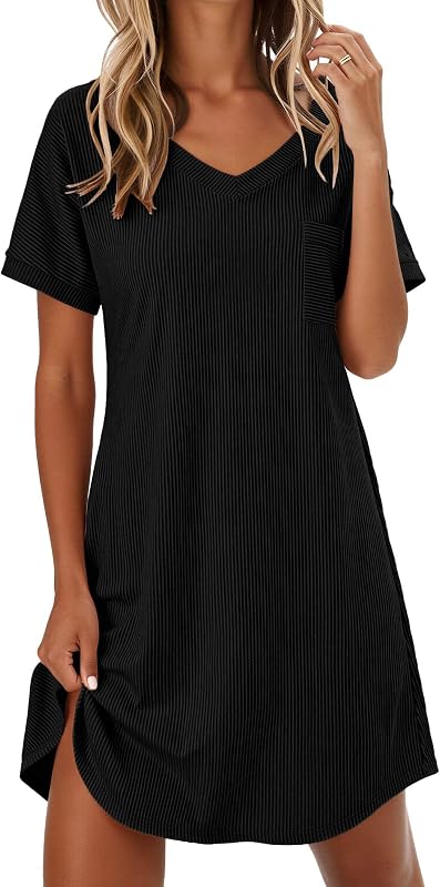 Ekouaer Womens Nightgowns Short Sleeve Sleepshirt V Neck Top Shirt Dress Soft Nightshirts Loose Loungewear S-3XL