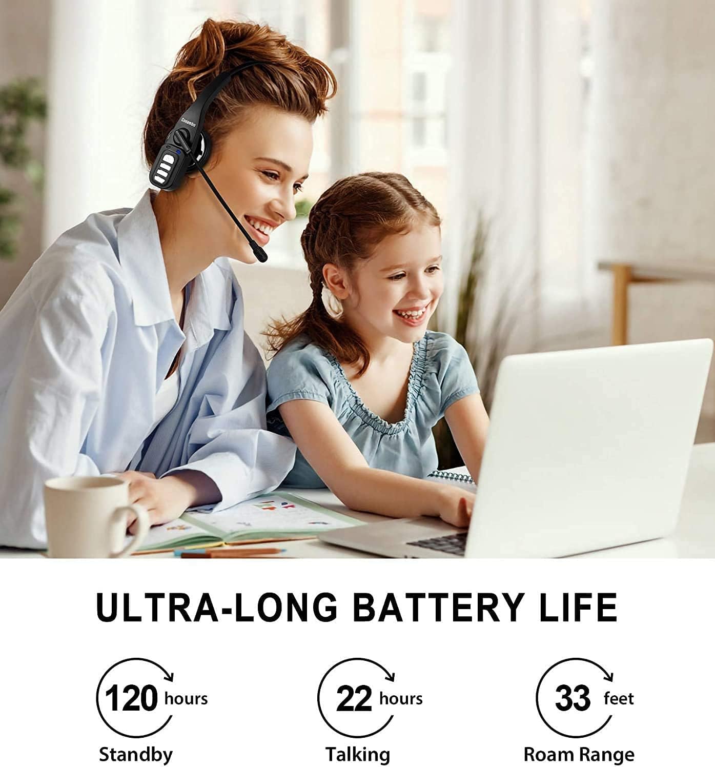 Conambo Bluetooth Headset with Microphone,Trucker Bluetooth Headset with Noise Cancelling,22Hrs Call Time,V5.0 Wireless Headset with Mute Button,On Ear Headphones for Cell Phones Business Office