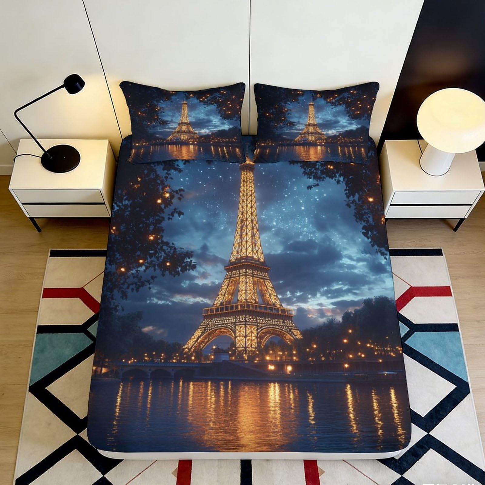 3D Printed Eiffel Tower Night Fitted Sheet Microfiber Soft Decorative Paris Skyline Mattress Cover Bedroom Decor 180x200x25cm