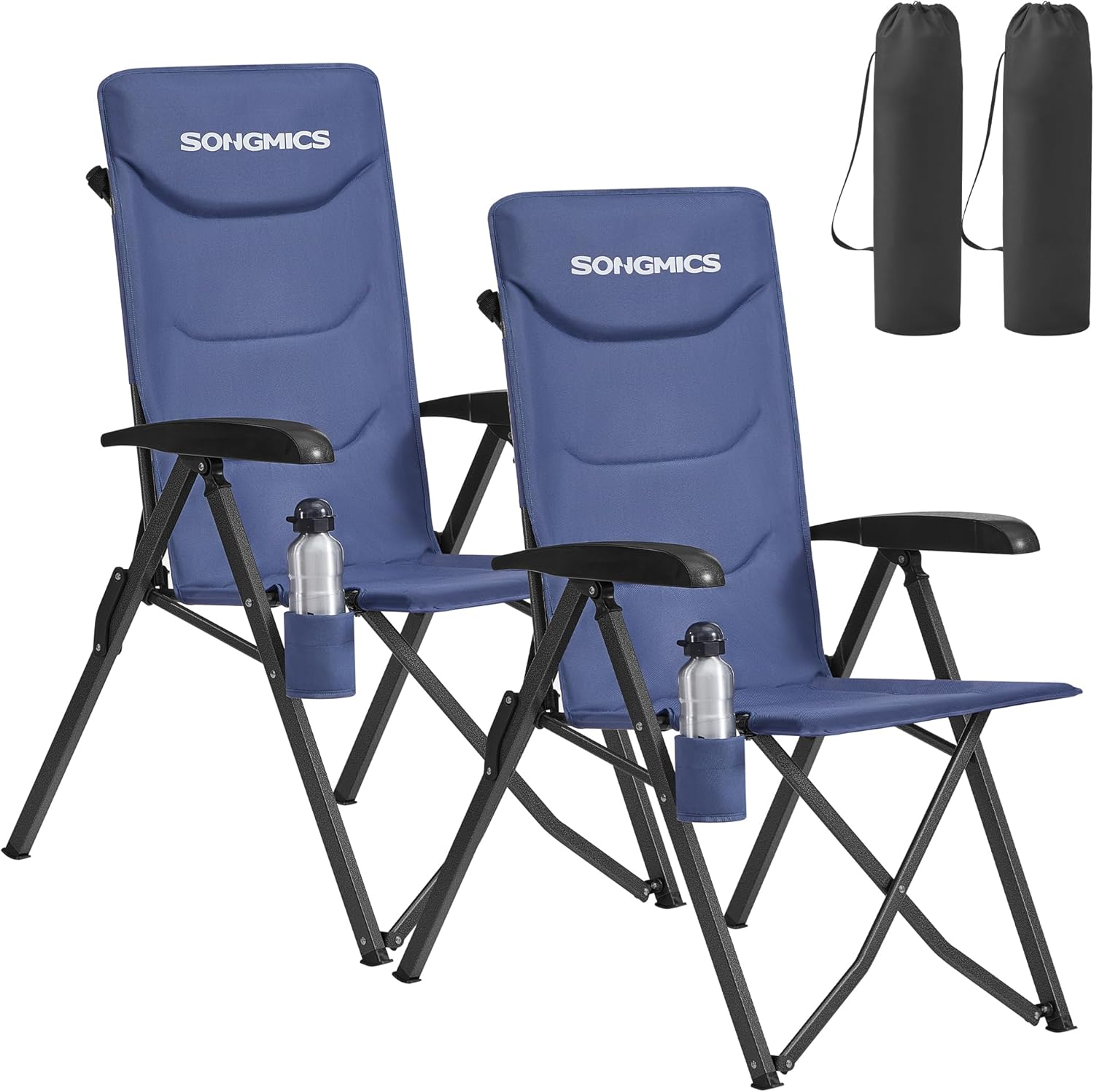 SONGMICS Set di 2 Sedie da Campeggio, Reclinabile 95°-150°, Pieghevole Imbottita, Schienale Alto Regolabile, Portabicchiere, Borsa con Tracolla, per Giardino, Pranzo, Pesca, Blu GCB015QZ01-2J