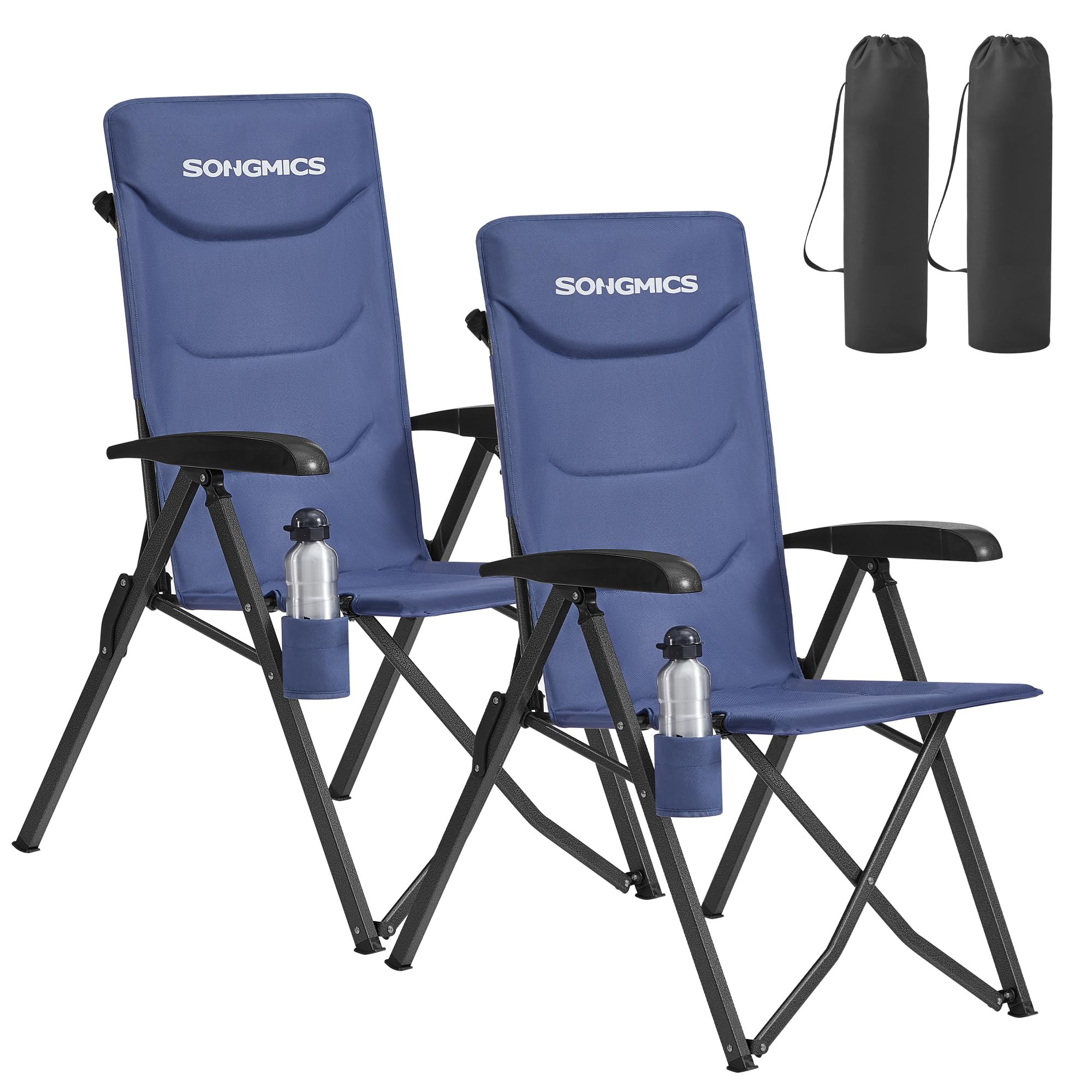 SONGMICS Set of 2 Camping Chairs for Adults, 95°-150° Reclining, Padded Folding Garden Chairs, Adjustable High Back, Swivel Cup Holder, Portable Carry Strap Bag, Blue GCB015QZ01-2J