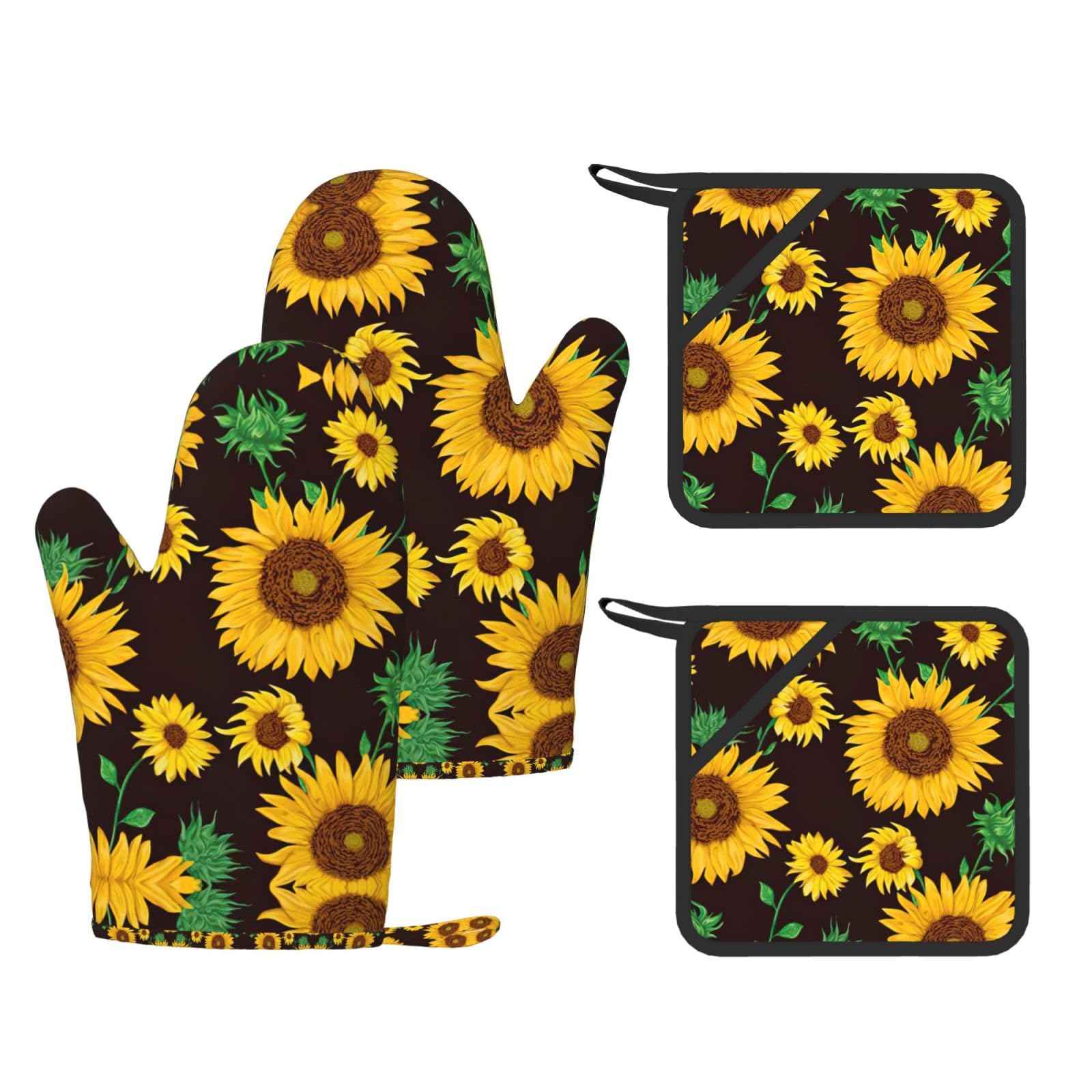 Beautiful sunflower Printed Pot Holders and Oven Mitts 4-Piece, Non-Slip Kitchen Gloves with Utensil Pocket for BBQ