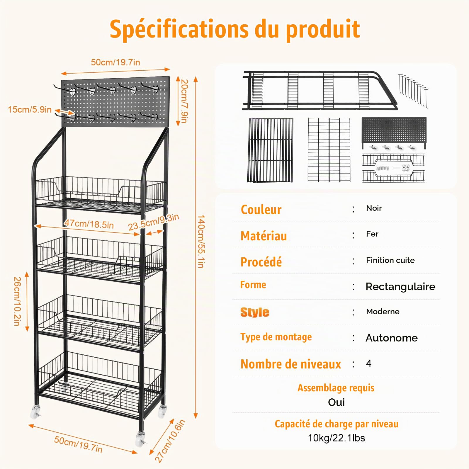 4 niveaux étagères de magasin supermarchés collations étagère à bonbons présentoir avec roues et 10 crochets, étagère en métal pour magasins, supermarchés, cuisines