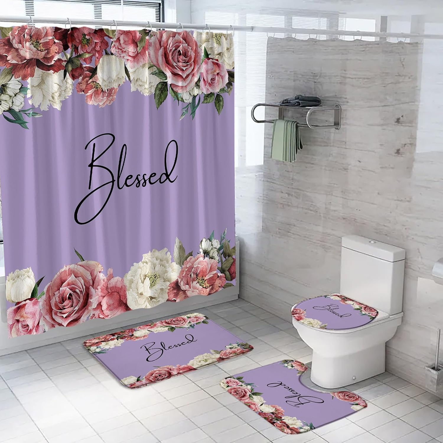 4 Piece Burgundy Red Floral Shower Curtain Sets with Rugs,Toilet Lid Cover and Bath Mat,Retro Watercolor Flowers Rose Elegant Blessed Inspirational Quote Bathroom Shower Curtain Set with Hooks