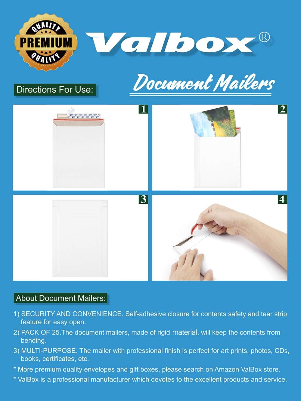 ValBox 9x11.5 Self Seal Photo Document Mailers 25 Pack Stay Flat White Cardboard Envelopes, 9.25 x 11.75 Inches - Image 7