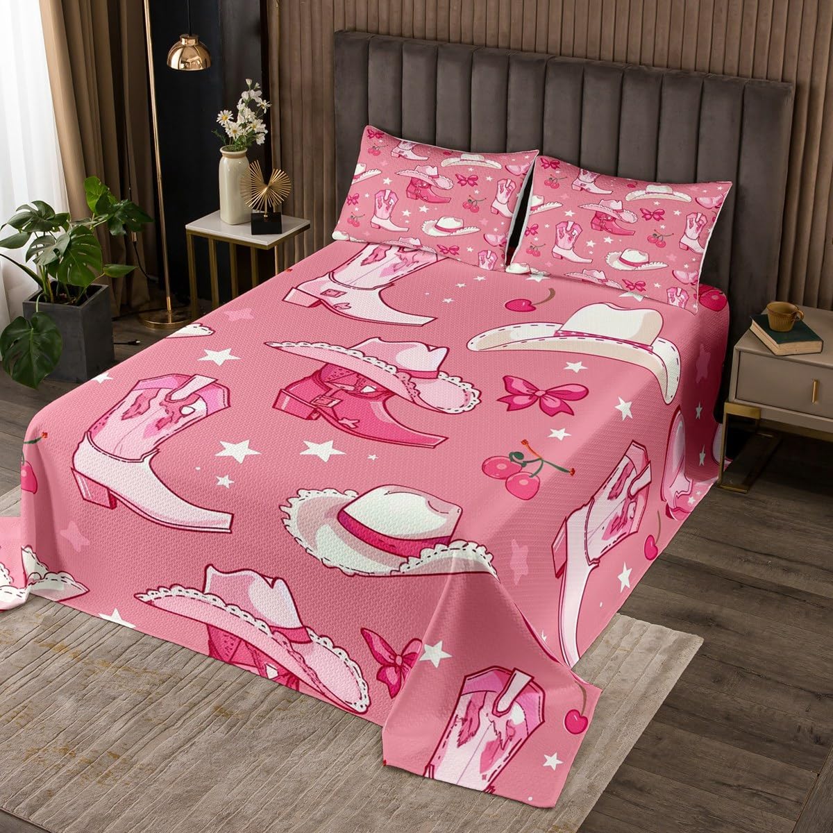 jejeloiu Cowgirl Bedspread Cowgirl Boots Bedspread for Kids Boys Girls Wild West Coverlet Set Star Print Quilted Bedroom Collection 2Pcs Twin Size