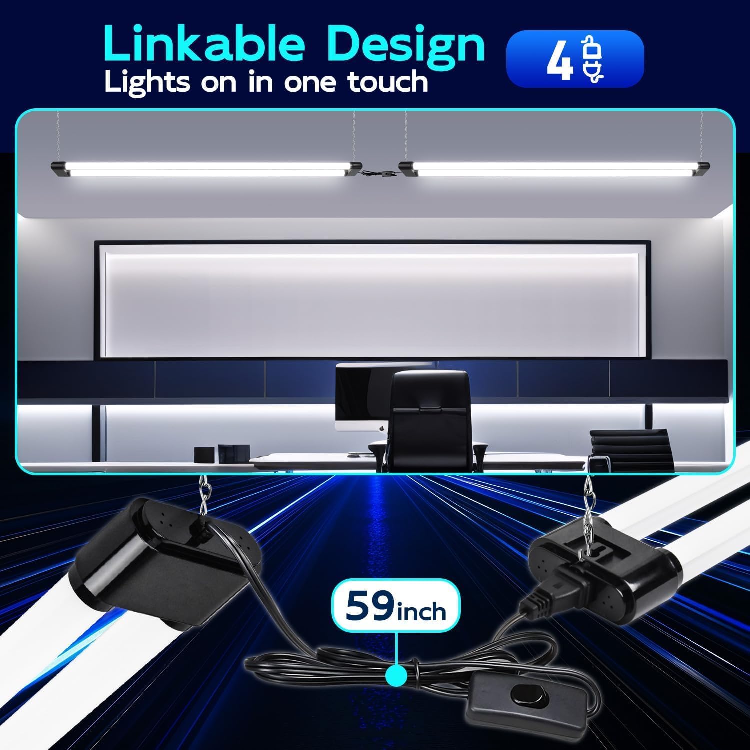 hykolity Linkable LED Shop Light 4FT 44W (300W Equivalent), 4600lm 5000K Daylight, Plug-in Utility Bay Light for Garage Hanging or Surface Mount, Black- Energy Efficient,4 Pack