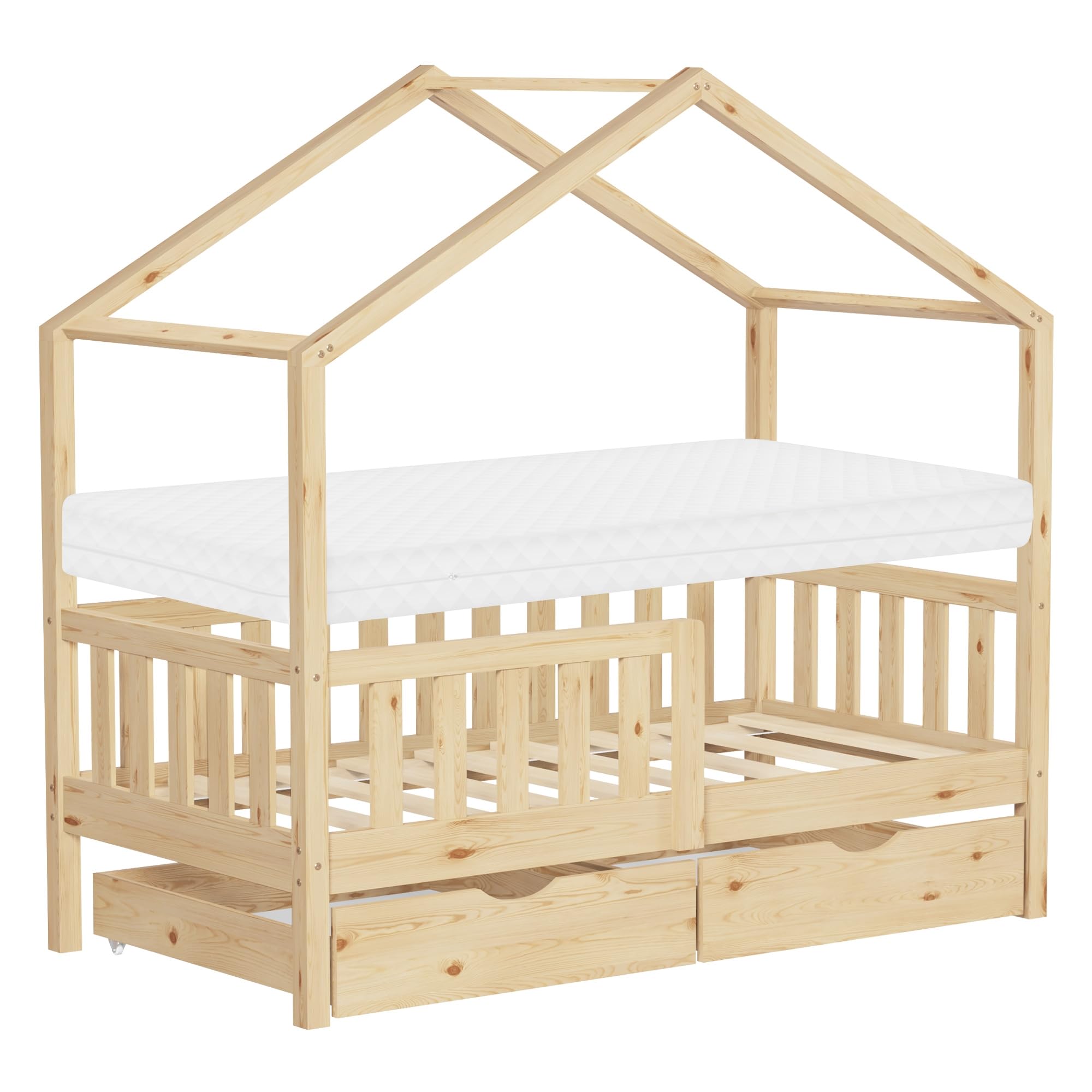 ML-​Design Lit Cabane Enfant 70x140 cm Naturel avec Matelas, 2 Tiroirs, Protection Anti-​Chute, Toit et Sommier à Lattes, en Bois de Pin Massif, Style Maison, Couchage Cadre Montessori pour Fille Garçon