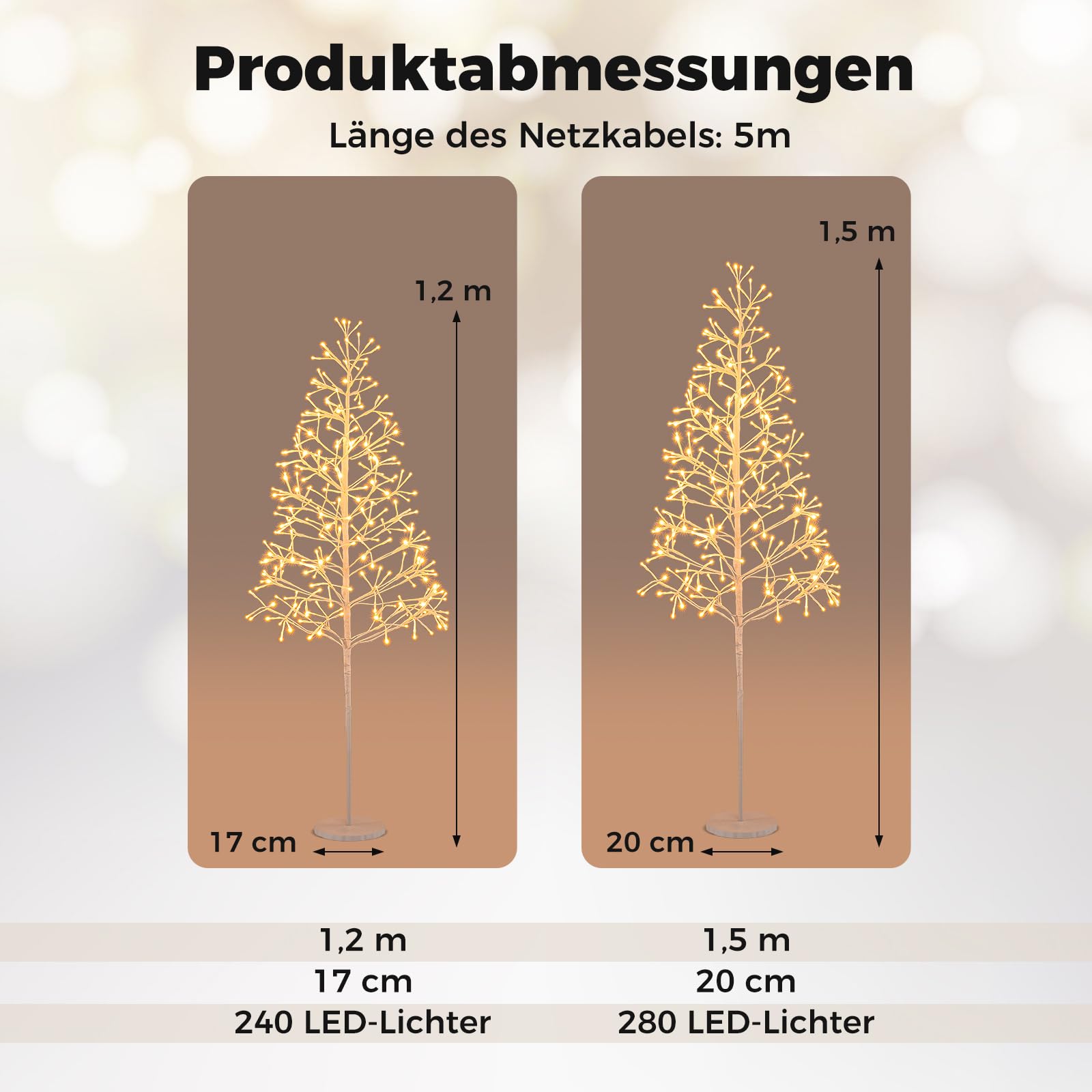 COSTWAY LED Lichterbaum, 150 cm Leuchtbaum mit 280 warmweißen Leuchten, LED Baum Innen, Lichterzweige mit Zemenständer, Weihnachtsdeko für Zuhause (Weiße Basis)