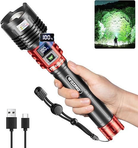 Vista 9 de Wdtpro Linternas LED Recargables de Alto Lúmenes, Linterna Recargable Súper Brillante de 90,000LM con Pantalla LCD, 5 Modos e Impermeable Potente