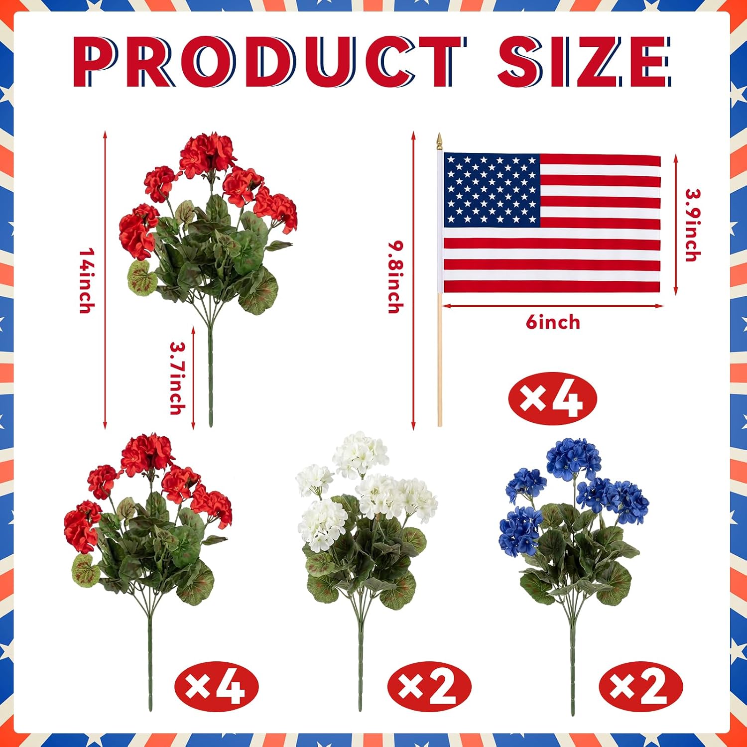 Norme 12 Stems Red White Blue Artificial Flower for Outdoor Porch Patriotic Decorations Geraniums Memorial Bouquet with Handheld American Flags for 4th of July Independence 250th Anniversary Decor