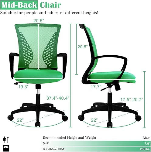 Miniatura 6 de Silla ergonómica de oficina para mujer, silla giratoria de malla con respaldo medio y reposabrazos y soporte lumbar, bonita silla de escritorio