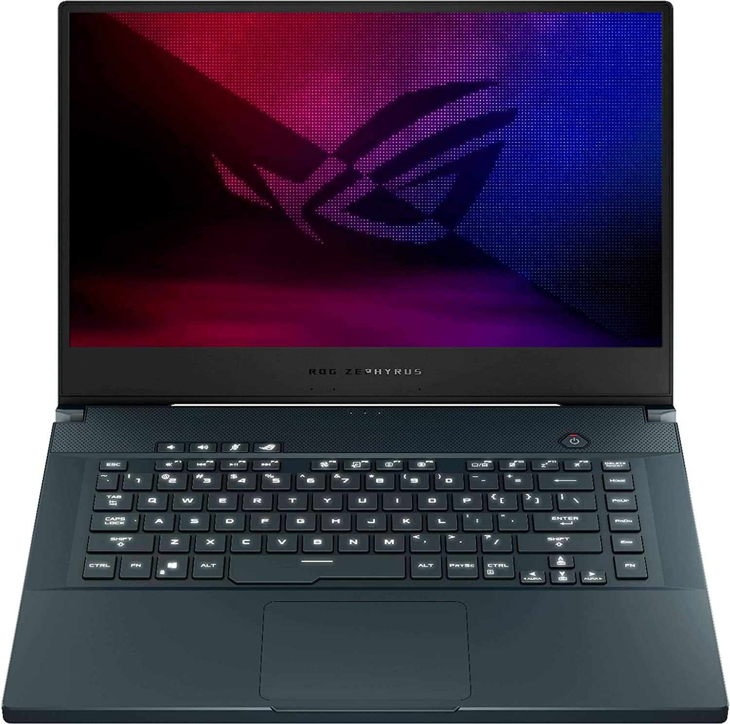 Top-down view of the ASUS ROG Zephyrus M15 keyboard and touchpad.