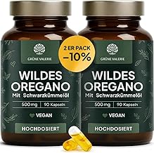 Green Valerie Wild Mountain Oregano Oil + Black Cumin Oil Capsules 180 Pieces - High Dose & Laboratory Tested - 82% Carvacrol & Black Cumin Oil - Origanum Vulgare from the Mediterranean - 250 mg