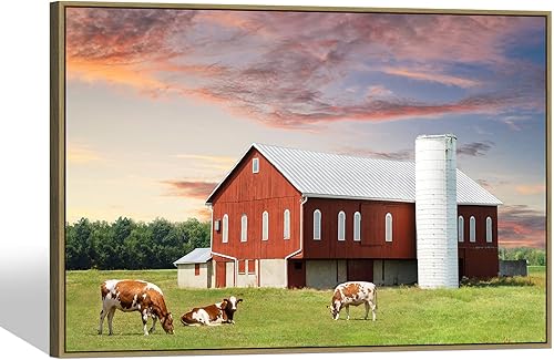 Miniatura 7 de Cuadro de lienzo de pared de granja, obra de arte de granja, paisaje de granero, escenas de campo, vista al atardecer, pintura de pueblo colorido,