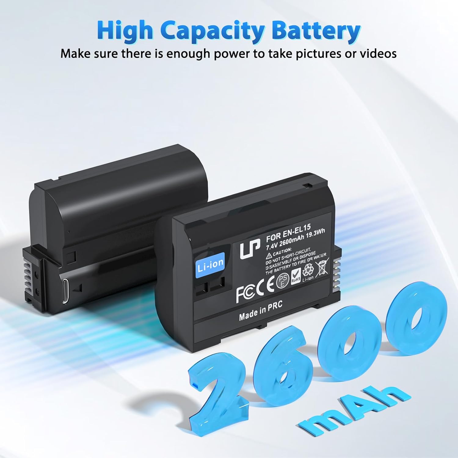 LP EN-EL15C Battery 2-Pack 2600mAh USB-C Fast Charging for Nikon EN EL15C Batteries, Compatible with Zf Z8 Z7 Z7II Z6 Z6II Z5 D7000 D7100 D7200 D7500 D500 D600 D610 D750 D780 D800 D850 D810 Cameras