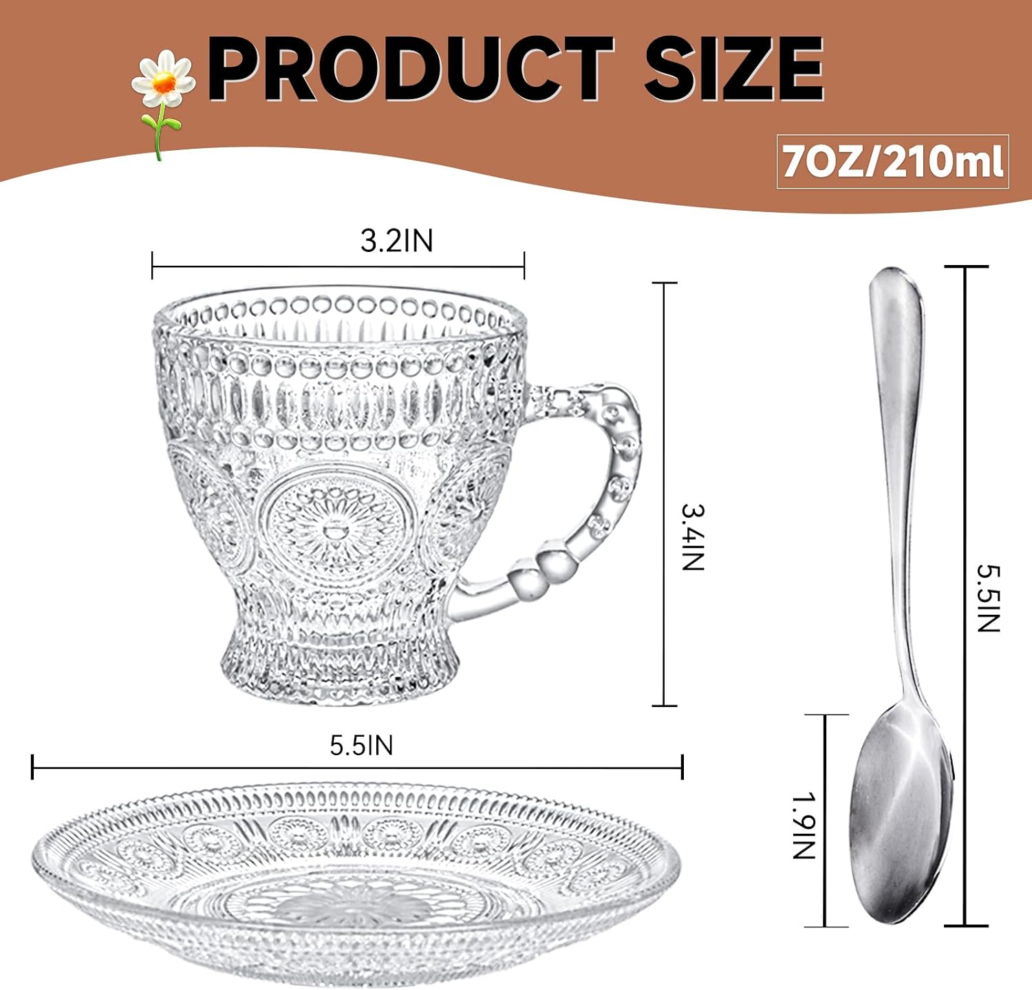 Glass Teacups and Saucers Set of 6, Vintage Coffee Mugs with Stainless Steel Spoon, Dishwasher & Microwave Safe Teacups for Espresso Cappuccino Latte Tea Juice, 7OZ/210ML, Clear
