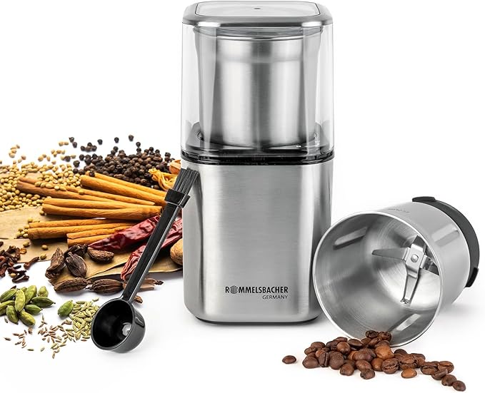 ROMMELSBACHER Spice and Coffee Mill EGK 200-2 Stainless Steel Container with Beating Knife and Special Knife, Capacity 70 g, Grinding Level Selectable Over Grinding Time, Also for Pesto, Spices, Nuts,
