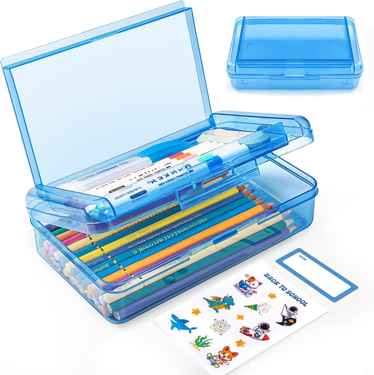 Double Layer Plastic Clear Hard Pencil Cases Box with Personalized sticker | Colored Cute Pen Cases Box for School Office Supplies Marker Crayon Organizer Storage Box,Standard Size
