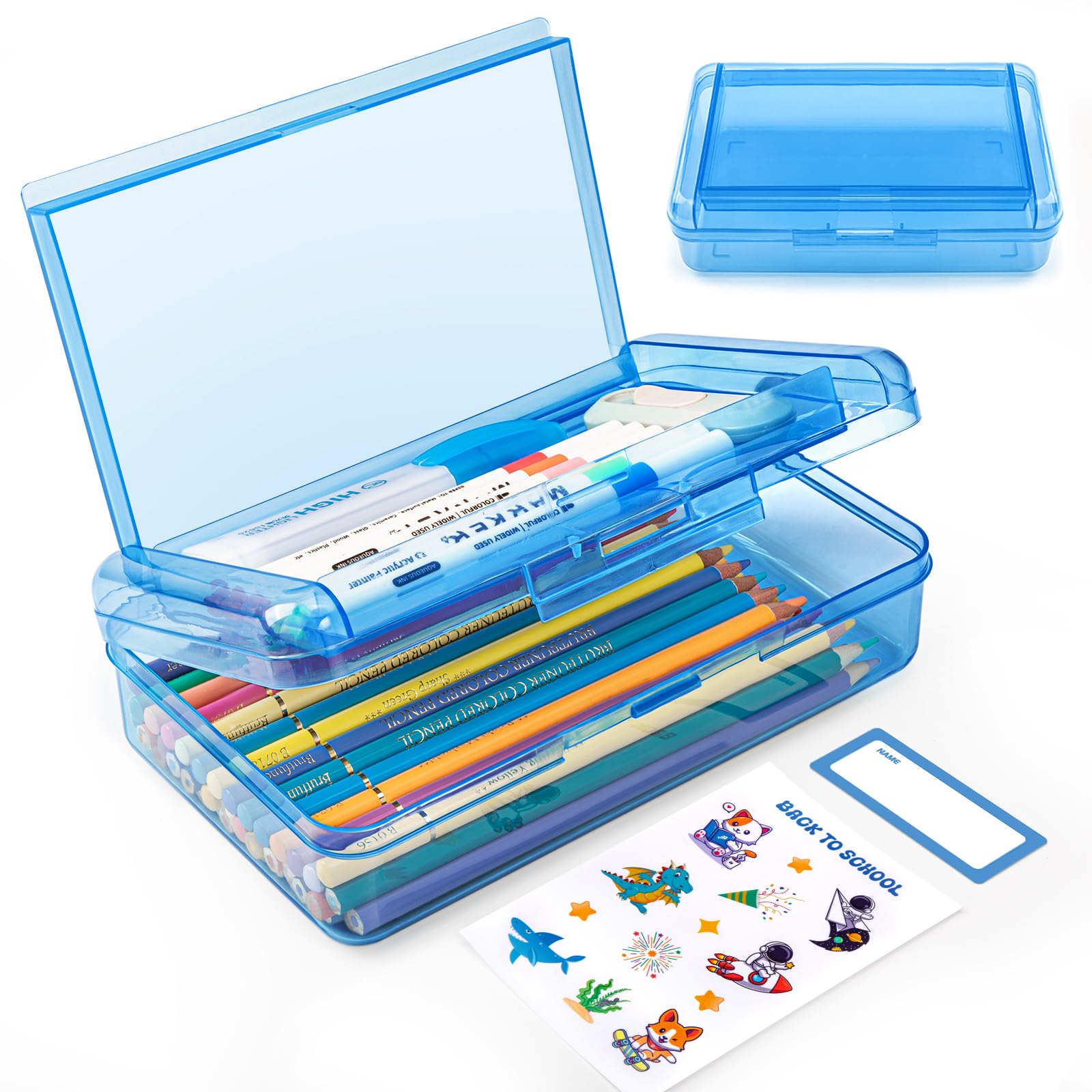 Double Layer Plastic Clear Hard Pencil Cases Box with Personalized sticker