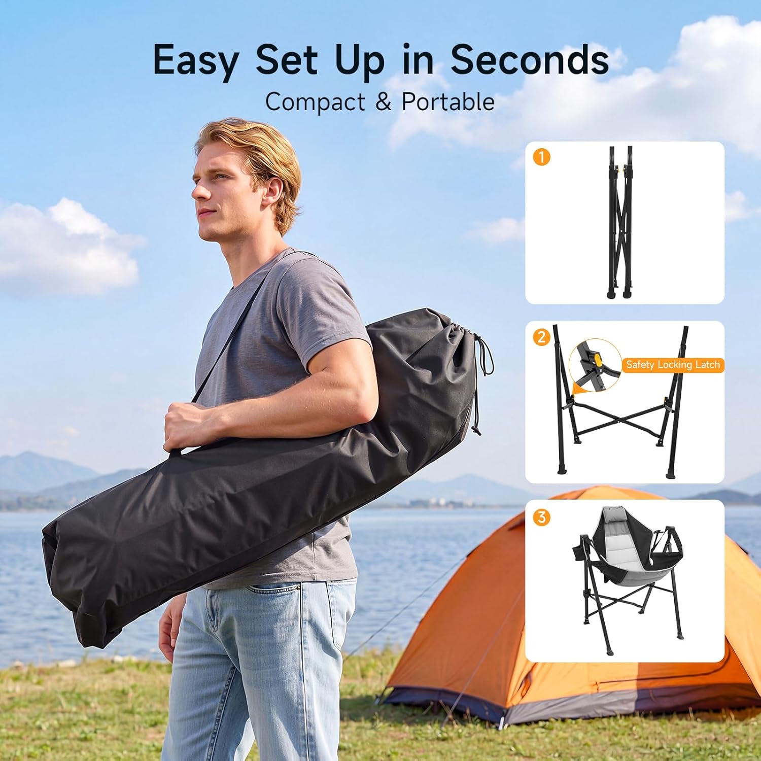 Hammock Camping Chair with Adjustable Backrest, 400lbs Heavy Duty Portable Swing Chair Outdoor with Headrest and Cup Holder, Foldable Camping Chair for Camping, Travelling, Patio, Lawn, Black