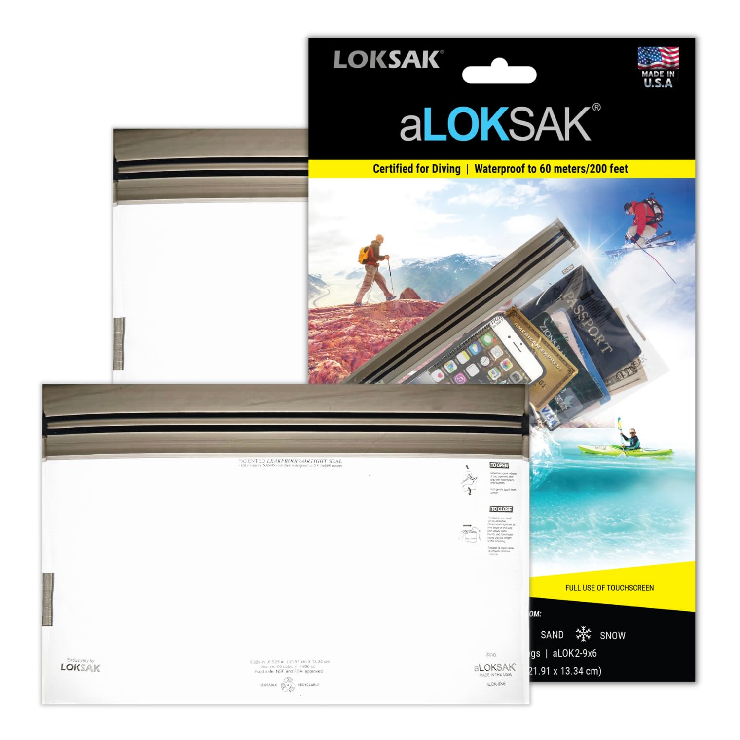 LOKSAK - aLOKSAK Waterproof Cellphone Dry Bags - Airtight Underwater Phone Pouch - Touch Screen Compatible - Diving Certified - 2 Pack- 9in x 6in