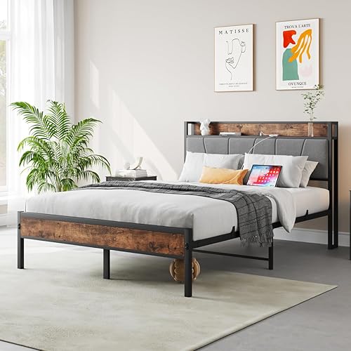 Miniatura 8 de Base de cama de metal resistente tamaño individual con cabecera de almacenamiento tapizada y estación de carga, no necesita somier, fácil montaje,