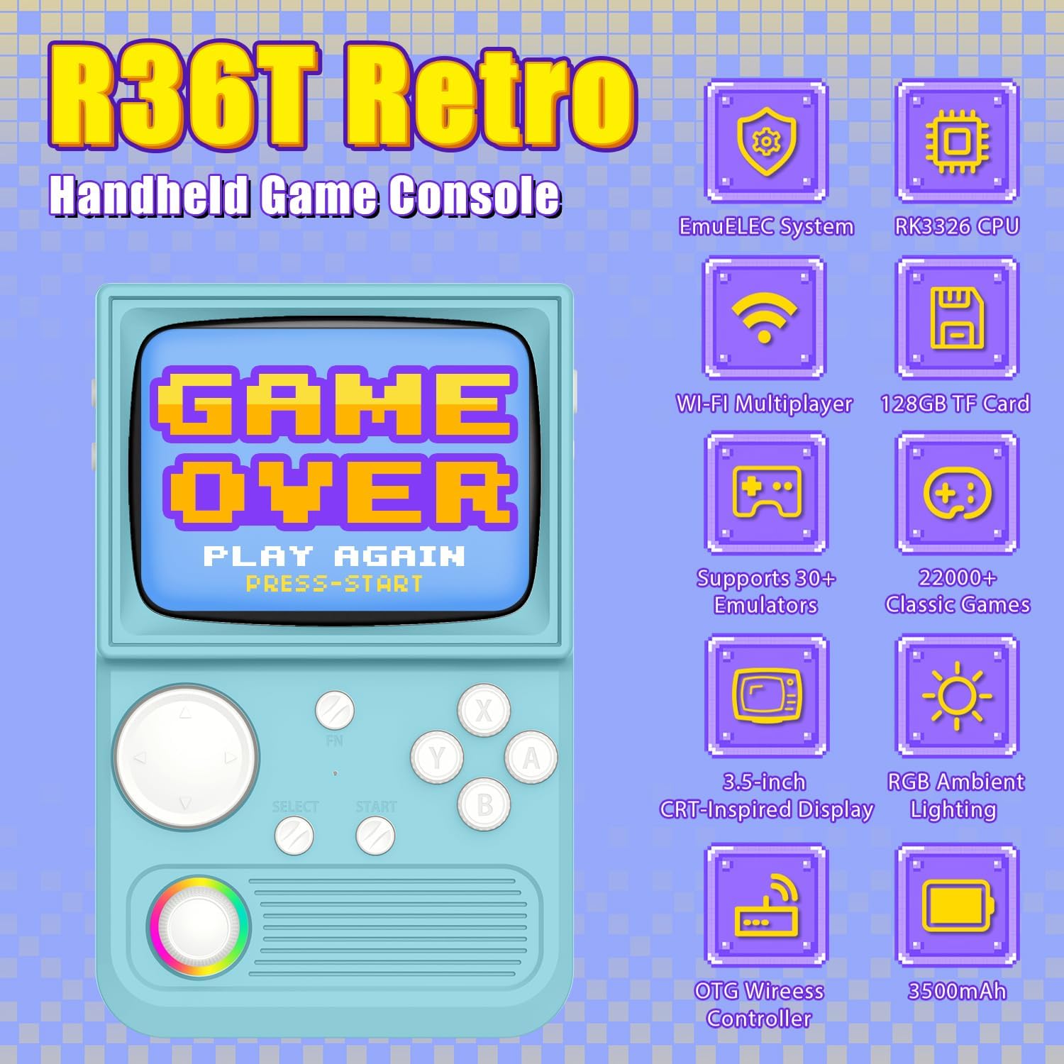 R36T Retro Gaming Console, 3.5'' IPS Screen CRT-Inspired, Handheld Game Console with 22000+ Classic Games Supports WiFi Networked Fighting and OTG, 3500mAh Battery, with Portable Case(Blue 128GB) - Image 2