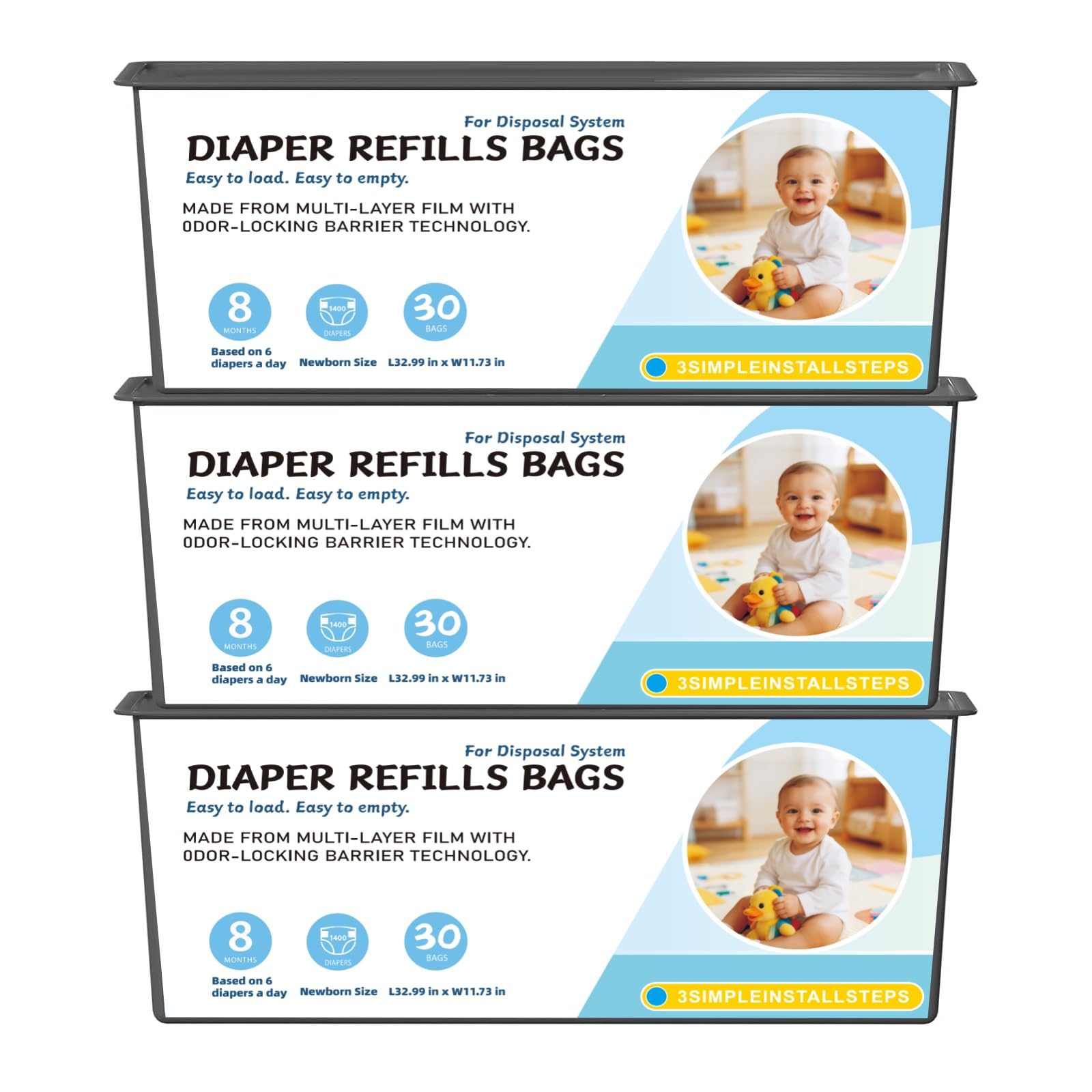 Diaper Pail Refills Bags Compatible with Genie Easy Roll Signature and Platinum Diaper Pails, Holds Up to 1410 Newborn Diapers Per Refill, 7-Layer Odor-Barrier Technology, 3 Pack (90 Bags)