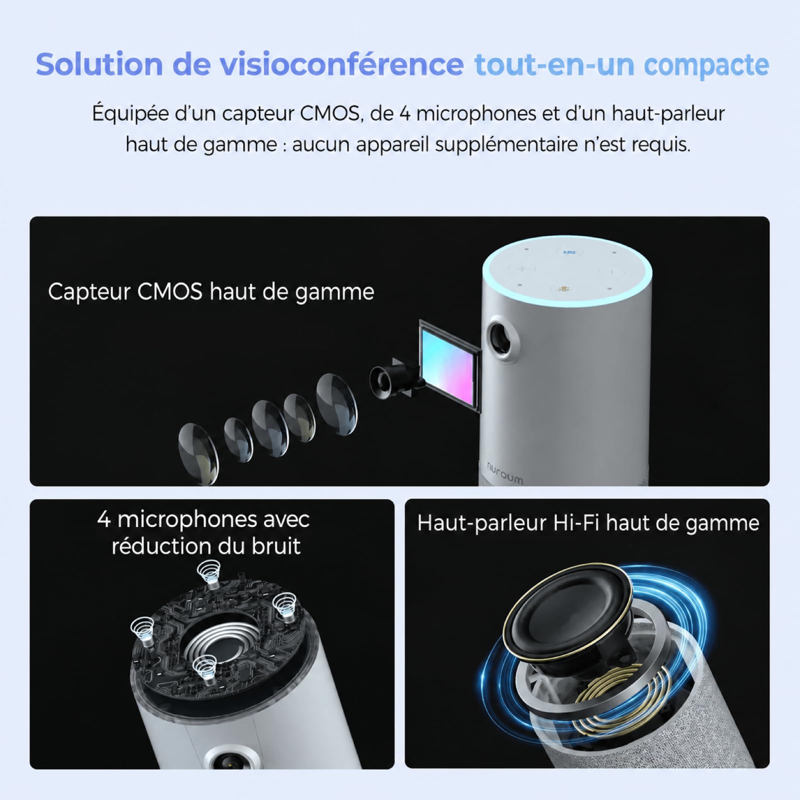 Nuroum C10 Webcam avec Microphone et Haut-Parleur, 1080P Full HD Tout-en-Un, Grand Angle 90°, Caméra Vidéo Portable, Réduction de Bruit AI, USB Plug&Play pour Windows/Mac