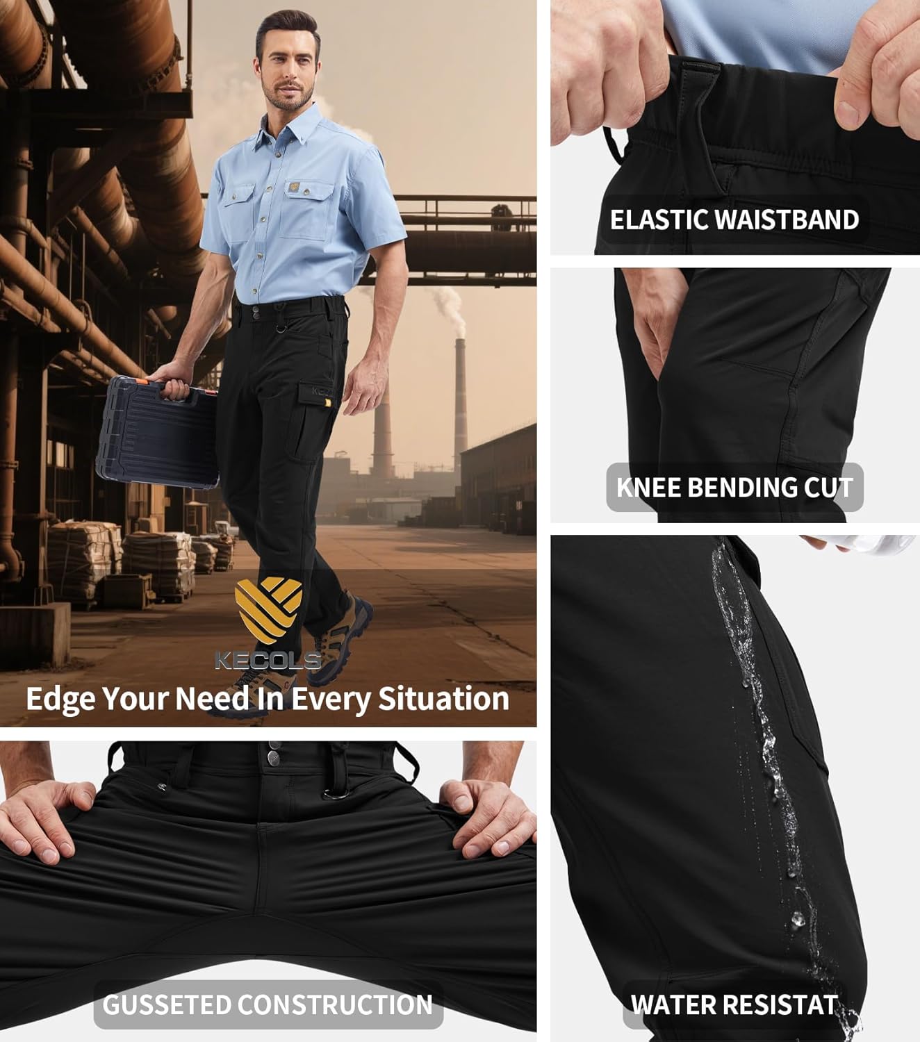 Men's Work Pants - Technical Workwear, Water Resistant, Lightweight, Multi-Pocket with 4-Way Stretch