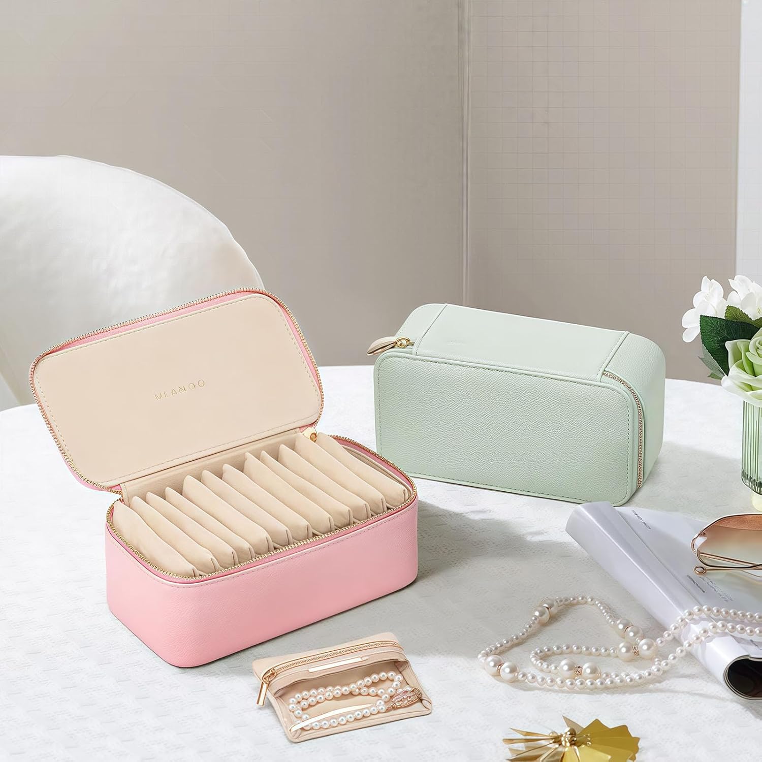 Travel Organizer,Portable PU Leather Jewelry Organizer Box with 12 Small Pouches, for Women Jewelry Case Necklace Rings Earrings Bags Teacher Gifts Wedding Gifts (pink)