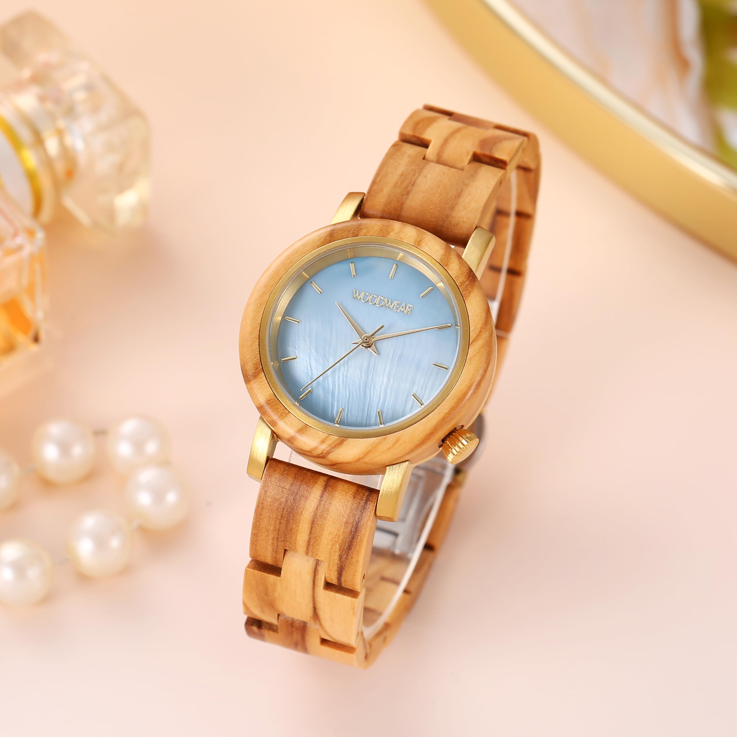 woodwear Damenarmbanduhr aus Olivenholz mit blauem Perlmutt-Zifferblatt Armbanduhr Holzuhr Sky Blue Edition japanischem Marken Quarzwerk (Sky Blue)