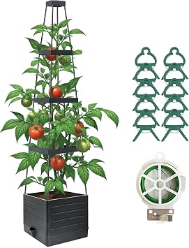Raised Garden Bed Planter Box with Trellis, 58 Tomato Planter with Trellis for Climbing Plants Vegetables Vine Flowers, Self-Watering Tomato Cage for Garden Patio Outdoor & Indoor