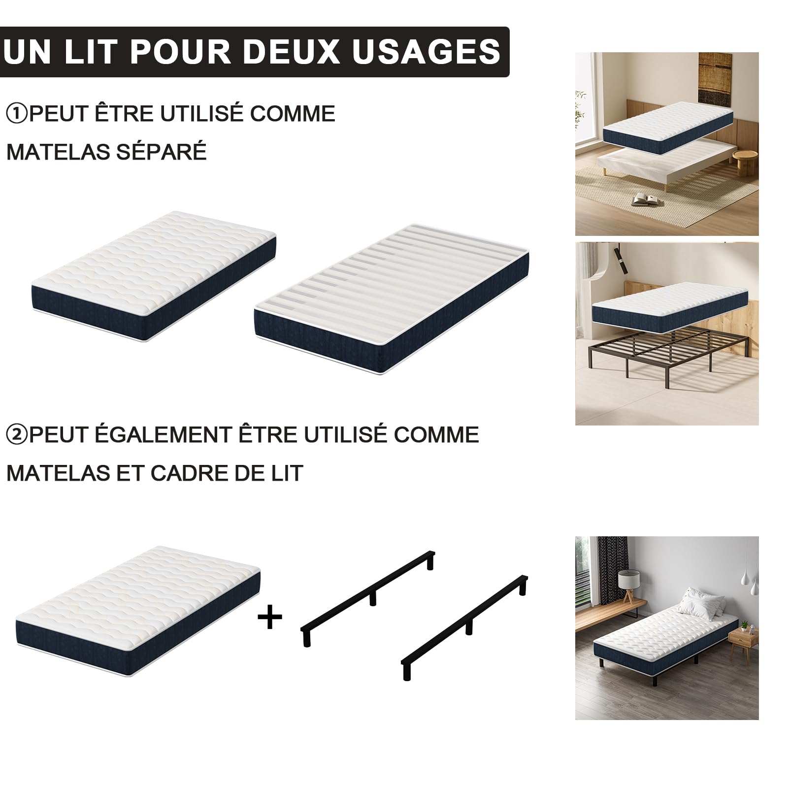 TEENO Ensemble Matelas et Sommier 90x190cm, Matelas Mousse à Mémoire, Cadre de lit en Fer 9 Pieds, 15cm, 7 Zones
