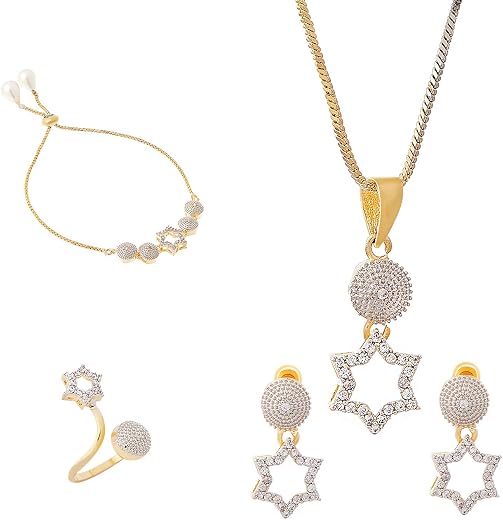 Zeneme Jewellery Set for Women American Diamond Necklace Set with Earrings, Bracelet and Ring Jewellery for Girls and Women