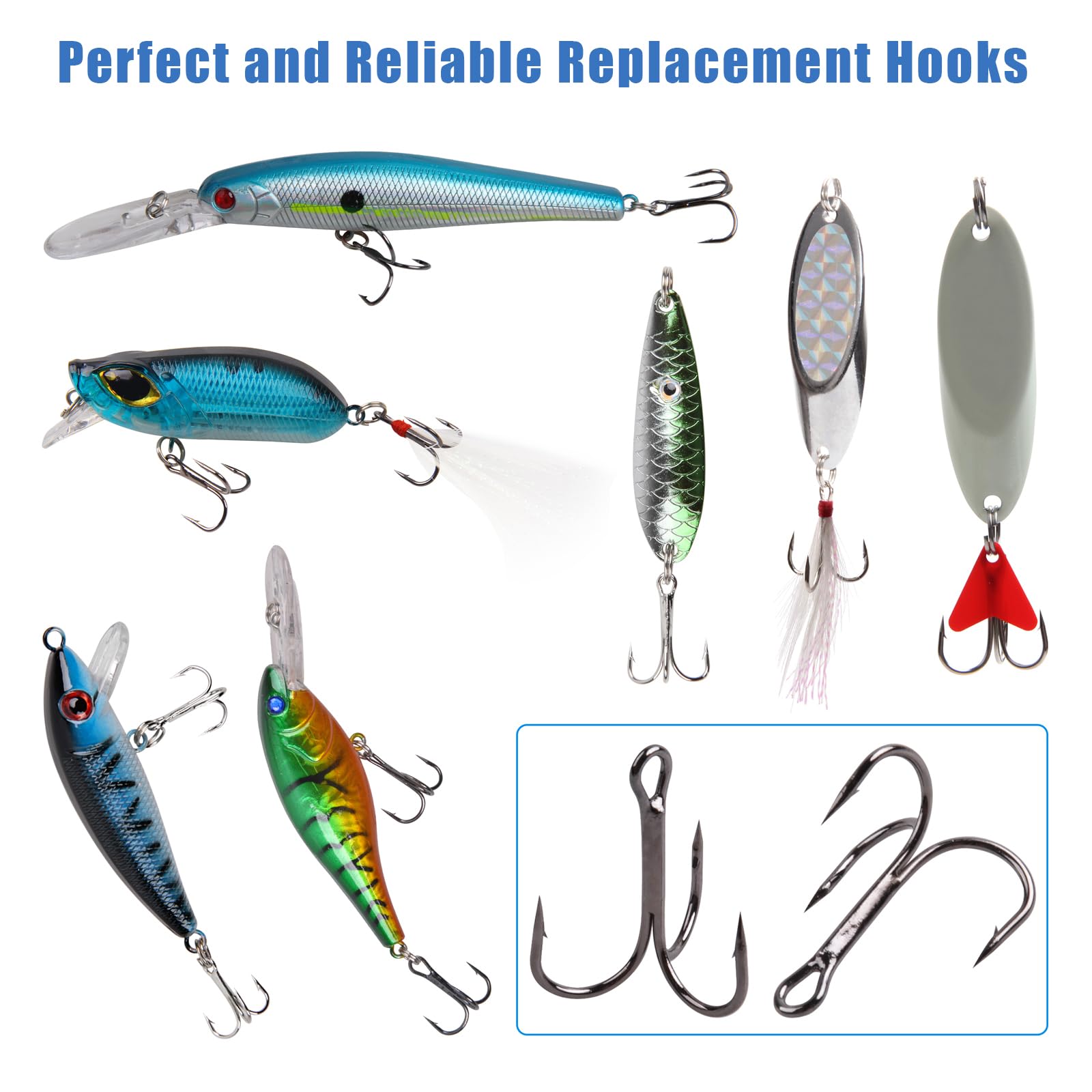 JSHANMEI Fishing Treble Hooks Kit - 130pcs Mixed Sizes, High Carbon Steel, Sharp Round Bend