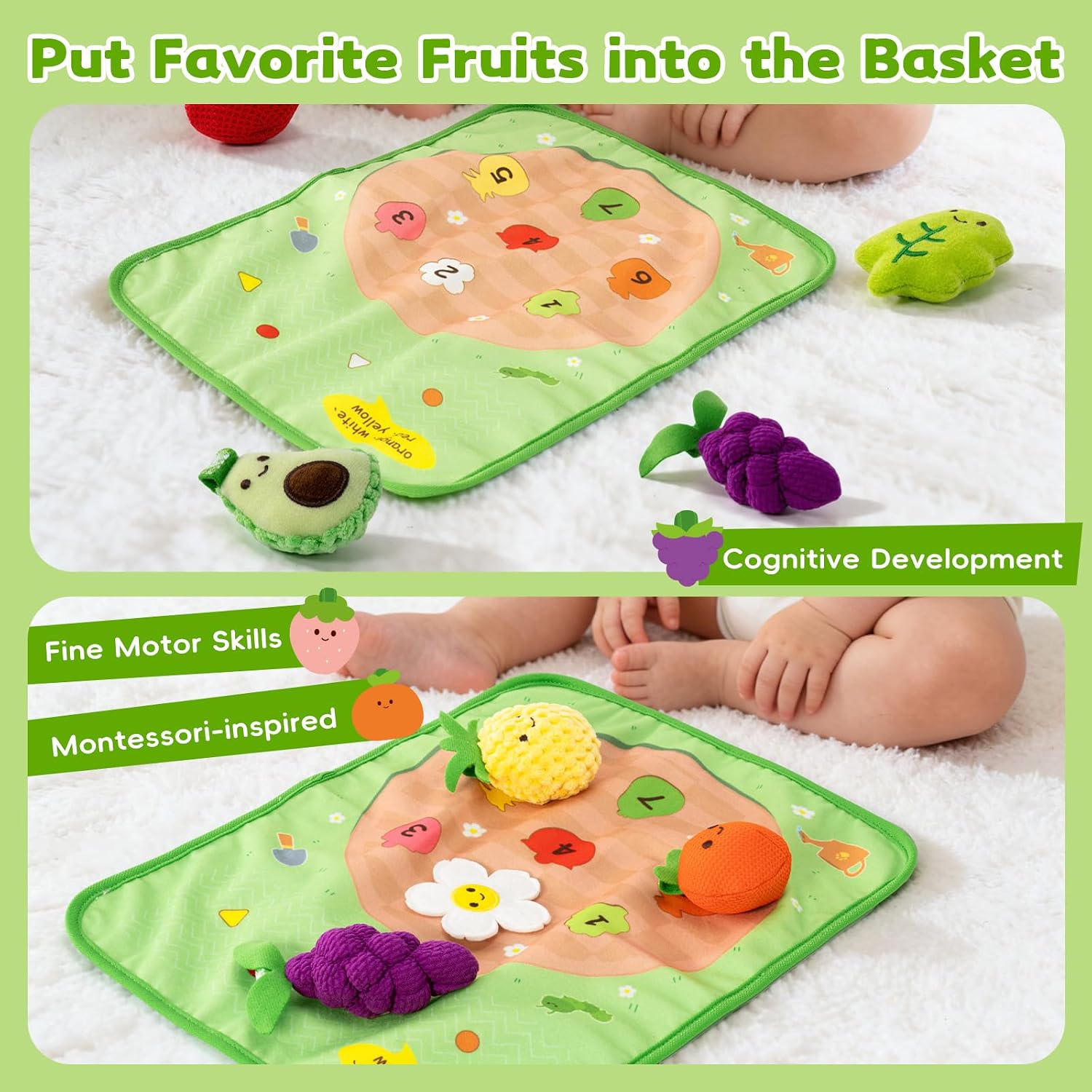 Baby Toys 6-12 Months - My First Fruits Color Shape Sorting Montessori Toys - 6 Month Old Toys Montessori Sensory Toy Carrot Flower with Rattles Mirror Squeaker Textures Crinkle Tissues