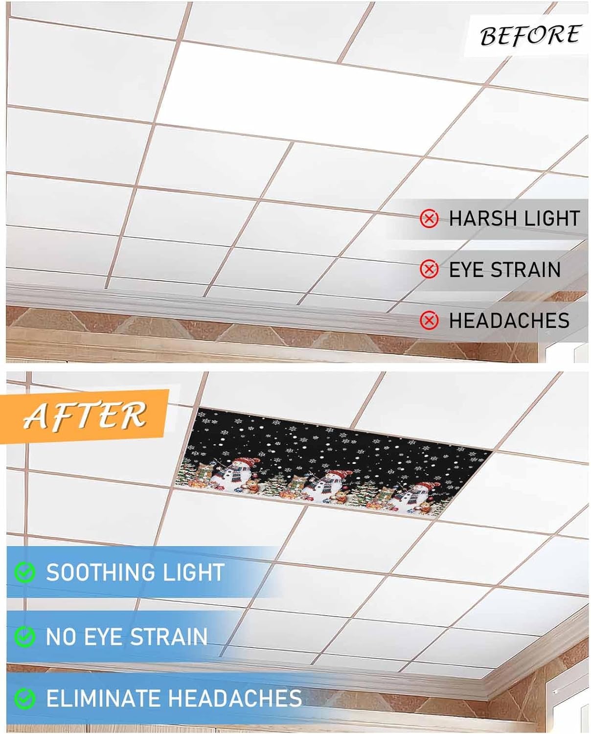 Smile Sunflower 3PCS Christmas Xmas Tree Snowman Snowflake Cat Black Fluorescent Light Cover, Ceiling Lampshade Decor with 10 Magnets Fixtures, Print Light Filters Cover Panel for Any Place Supplies