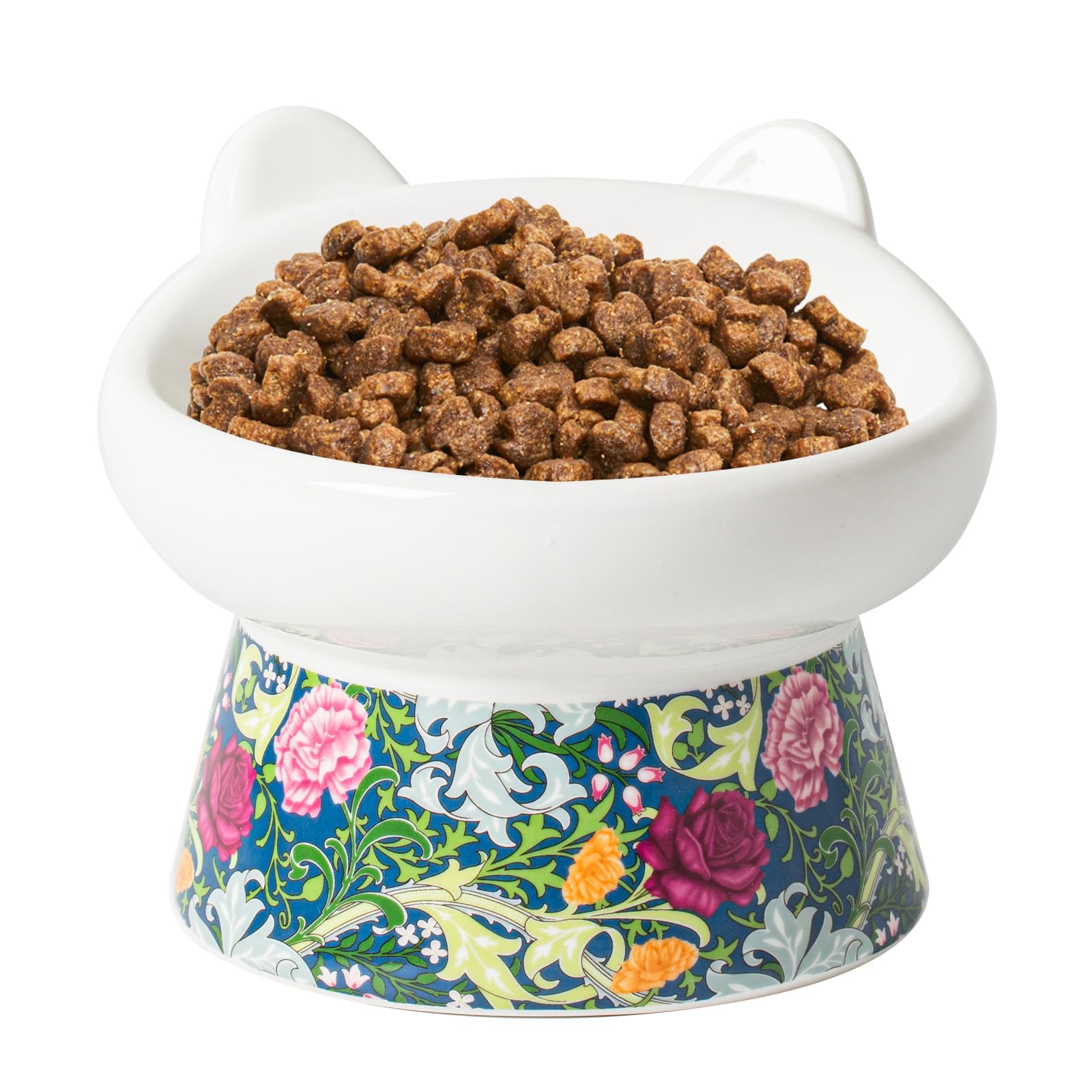TIGOADT Ceramic Raised Cat Food Bowl, Elevated Cat Water Dish, Tilted Pet Feeding Bowl with Stand, Wide Shallow Anti Vomit Anti Whisker Fatigue Neck Protective Feeder for Kittens & Seniors (Floral)