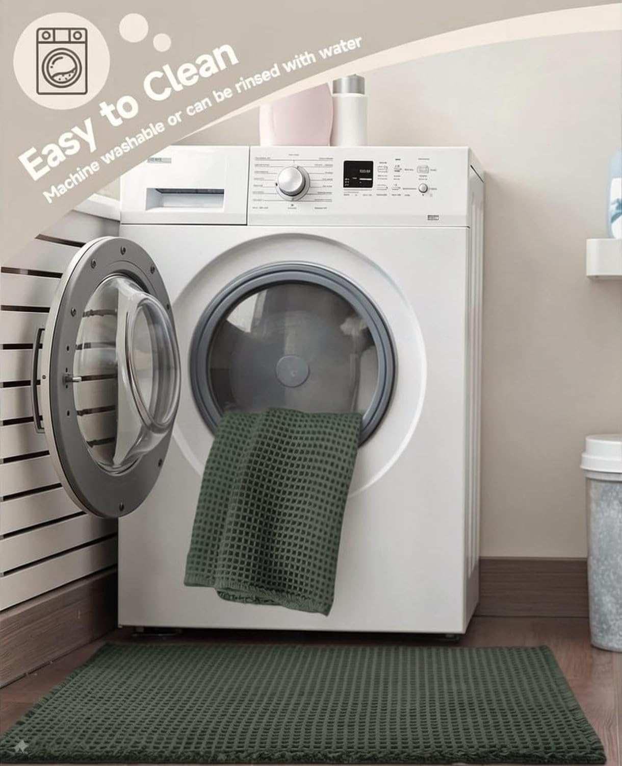 Alfombrilla de baño de gofre extra absorbente y antideslizante, diseño ultrasuave con borlas decorativas, lavable a máquina con respaldo de goma antideslizante,, Verde scuro, 46x76 cm (rettangolare)