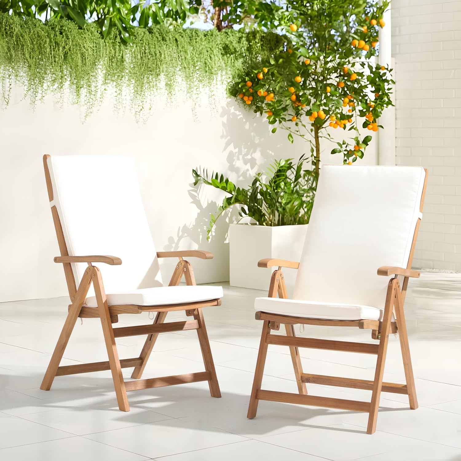 OC Orange-Casual Folding Patio Dining Chair Set of 2, Outdoor Acacia Wooden Reclining Chair w/Armrest & Removeable Cushion, Solid Wood, for Porch, Backyard, Garden, Indoor, Beige