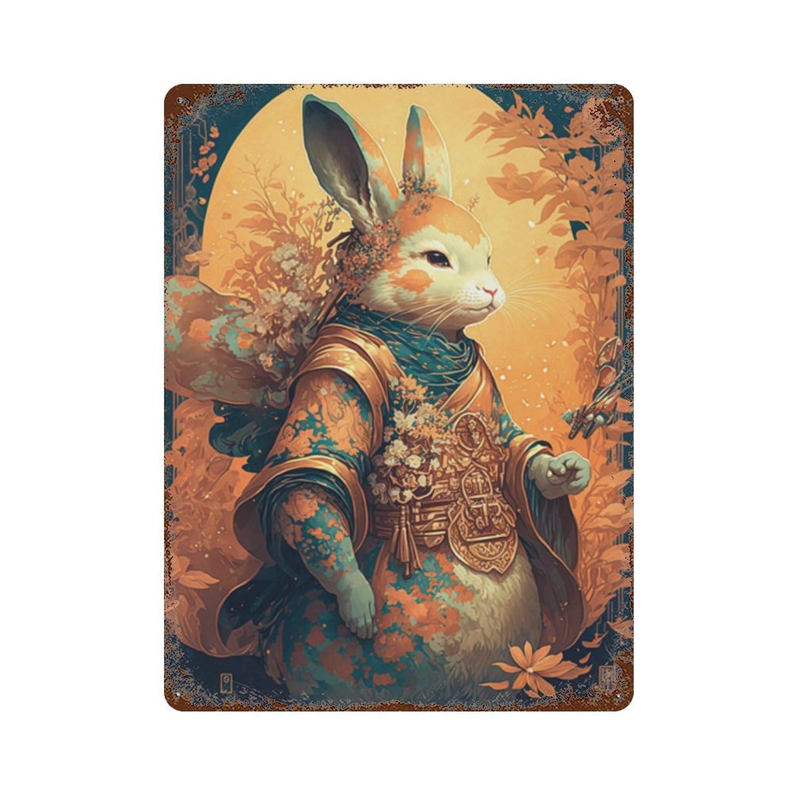 Fantasy Rabbit Art Print Rusty Metal Tin Sign 15.7"x11.8", for Pub, Kitchen And Man Cave Decor, Novelty Wall Decor