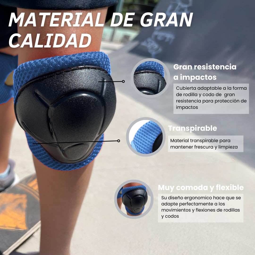 Casco y Protecciones Niño y Niña - Casco + 2 Rodilleras + 2 Muñequeras + 2 Coderas - Bicicleta/Patin/Patines/Skate - Ajustable 50-54cm. Infantil Niños 4-10 Años - Capacete Bicicleta Criança