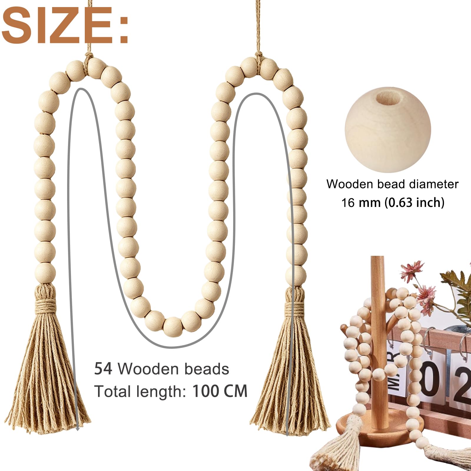 Holzperlen Girlande 100cm 16mm, 54 Holzperlen mit Quasten Deko | Holzperlenkette Naturholz, Perfekt für Wohnzimmer, Schlafzimmer, Weihnachtsbaum, Kamin oder Hochzeitsdeko