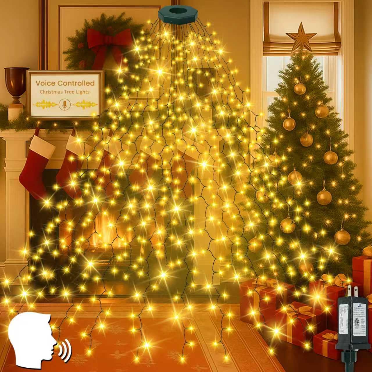 2025 New Christmas Tree Lights with Voice Control Outdoor/Indoor, 480LED 8FT 16 Lines Cascading Twinkle Lights Green Wire,12 Modes & Timer, Waterproof Waterfall Lights for Xmas Decor (Warm White) Warm White 480LED